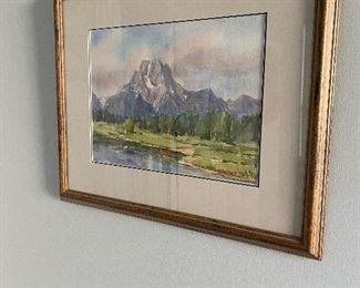$125. Jane Skarr-Coleman signed watercolor. Purchased in WY. Measures 22" x 18" framed. "Mt. Moran from Ox-Bow Bend"