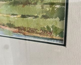 $125. Jane Skarr-Coleman signed watercolor. Purchased in WY. Measures 22" x 18" framed. "Mt. Moran from Ox-Bow Bend"