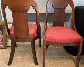 $150. Pair of Antique Gondola Dining Chairs. Cushions come off easily to recover. Solid wood frames. 