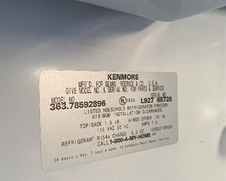 $125. Kenmore Fridge/Freezer used in garage. Still cold and plugged in!