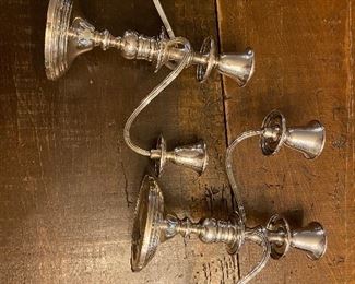 $250. Pair of Gorham Sterling Candelabras. They can be used as a single candleholder or used with the top piece to hold 3. 