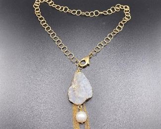 $25. Gold Tone Necklace with Crystal Pendant