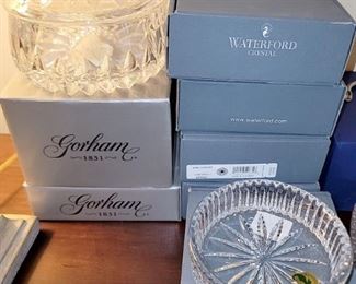 Gorham crystal candy dish.  Waterford crystal wine bottle coasters.