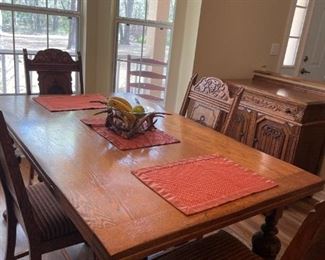 Dining Room furniture: This furniture is hand carved red oak, made in Minnesota over 100 years ago. Set includes table (62”x38”) with a pull out leaf on each side, 6 chairs, buffet (70”x23”), server (36”x19”) and hutch (40”x19”). This set will be sold together. Asking price is $5,000