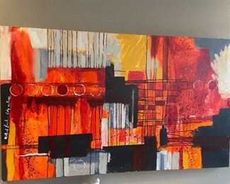 Lot #28 $750 W. Michael Bush “City on Fire” painting. 3' x 5'