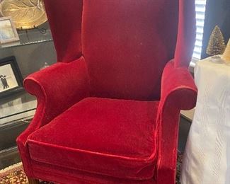 Lot #8 $150 Red velvet wing chair. 31"W x 43"H
