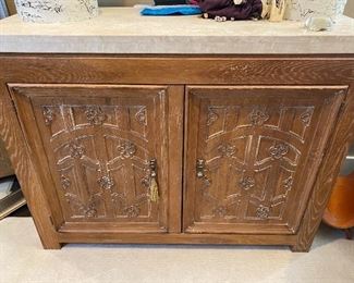 Lot #1 - $550. Wooden cabinet with thick stone slab top - 46" x 19" x 36"H