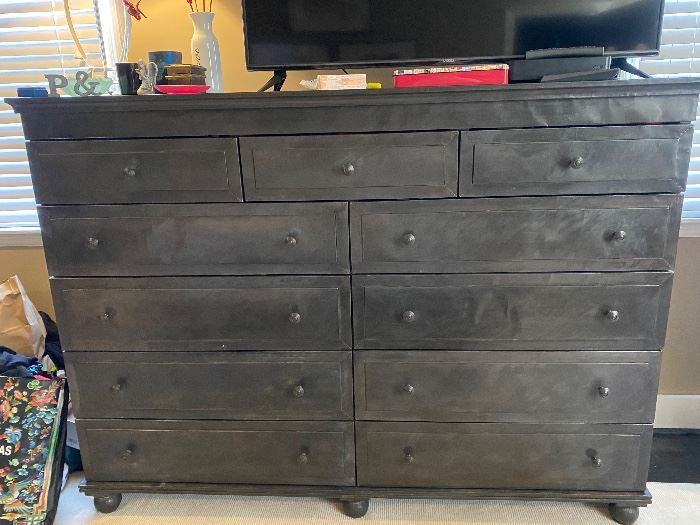 Lot #5 - reduced to $900 - RH Annecy metal wrapped 11 drawer chest of drawers. 68” x 20” x 50” H