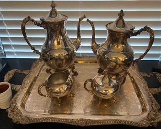 Lot#72 $125 -Sheridan silver plated 5 piece tea/ coffee set. 24” wide handle to handle on the tray