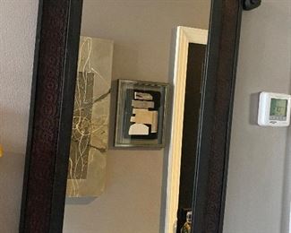 Lot#90 $150 - metal and wood foyer mirror. 25"x33-1/2"