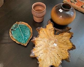 Lot#62 $35 - assorted pottery. Frog dish has chips. Leaf dish is 12"L