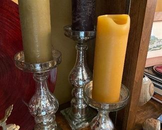 Lot#76 $45 - 3 mercury glass candle holders. tallest is 15"H