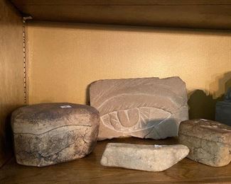Lot#66 $65  stone collection-2 boxes, rock and eye plaque 11"W