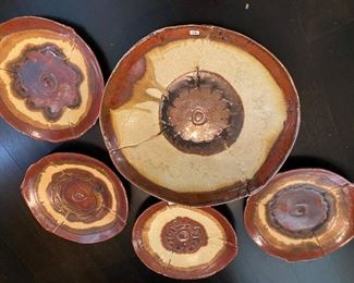 Lot#57 $125 Sue Barnes pottery. 4 plates and 1 large bowl (15"). one plate has a chip