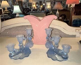  Cambridge Caprice Moonlight Blue Alpine 3 Light Candlesticks - Very Nice!
