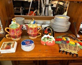 Vintage Colorful Stacking Teapots, Coasters, Napkin Holders and Wall Hangings