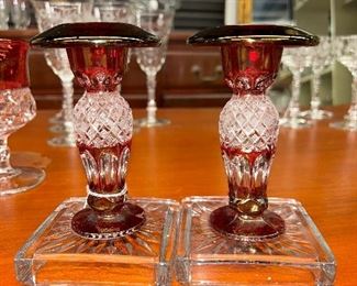 Vintage Pair of Westmoreland  Waterford Wakefield Ruby Stained Candlesticks