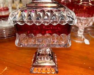 Westmoreland Vintage Ruby Red Clear Square Pedestal Candy Dish Wedding Box with Lid