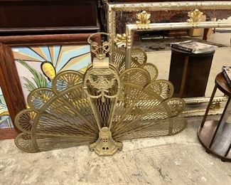 VTG PEACOCK CAMEO FACE HERALD DOLPHINS VICTORIAN BRASS FAN FIREPLACE FOLDING SCREEN