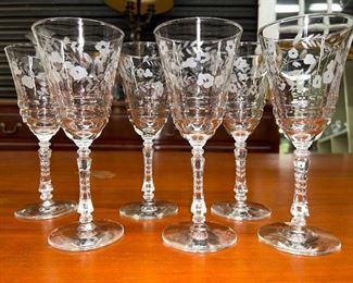 Vintage Set of Six Floral Etched Wine Stems