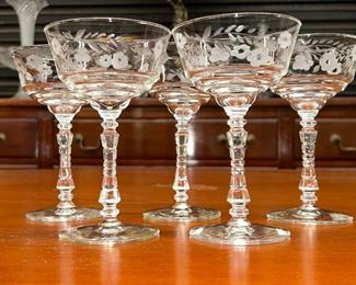 Vintage Set of 5 Floral Etched Champagne Stems