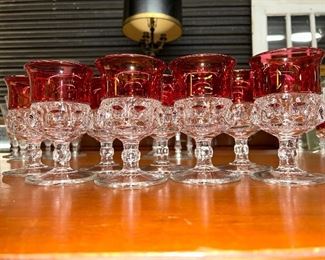 Set of 8 Vintage King's Crown Thumbprint Goblets.   All in Pristine Condition in Beautiful Bold Ruby Color.  No Fading.