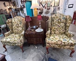 Mid Century Modern Pair of Wingback Chairs by perfection furniture Company, Claremont, North Carolina.  Peacock Fabric.