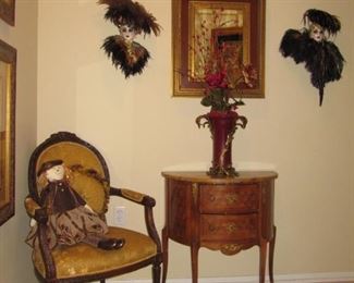 Petite antique French Style nightstand, side table with marble top and key