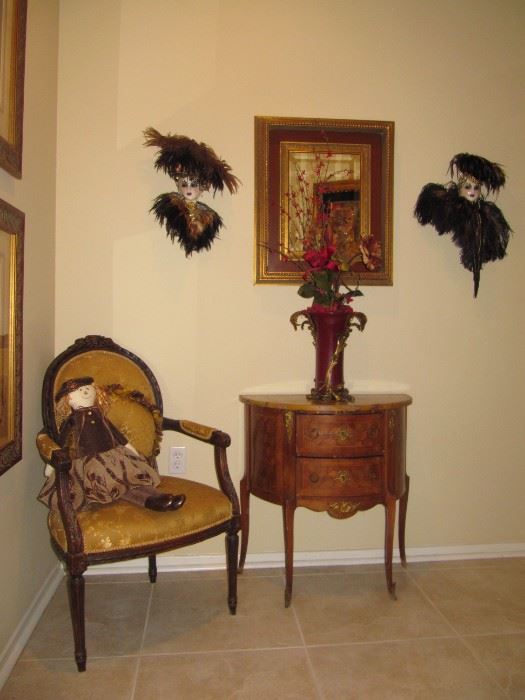 Petite antique French Style nightstand, side table with marble top and key