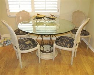 Glass top dining table - iron and plaster       Four hard to find Faux Bois dining chairs