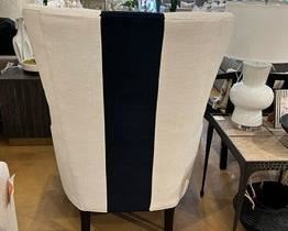 $1040 USD     Universal Furniture Custom Getaway Surfside Blk Striped Wing Chair TH154-11     Description: Make a statement with this daring, vertical navy stripe that defines the Surfside Wing Chair, a regal upholstery furnishing featuring an exaggerated back and tapered legs.  This listing is for ONE chair.  We have two available.
Dimensions: 37 x 34 x 49"H
Condition: New - Interior Design Studio Floor Sample
Local pick up Lake Oswego, OR.  Showroom with main floor access.  Contact us for shipper suggestions.      https://goodbyhello.com/products/copy-of-norwalk-lansing-metal-chair-2-available-thd-10?_pos=12&_sid=f9cbd366d&_ss=r