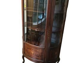 $700 USD      Mahogany Demilune Inlaid Panels Curved Glass Curio Cabinet c1900 KL168-8       Description: One door.  Heavy inlay.  Gorgeous piece that can be used for a stunning bookcase.  A true showstopper!
Dimensions: 36w x 20d x 64"H
Condition: Very good vintage condition.
Local pick up Vienna, VA.   Located on first floor.  Contact us for shipper suggestions.      https://goodbyhello.com/products/mahogany-demilune-inlaid-panels-curved-glass-curio-cabinet-c1900-kl168-8?_pos=12&_sid=63456a554&_ss=r