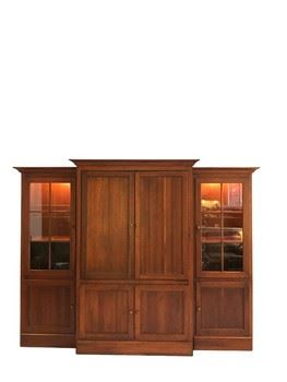 $375 USD      Brown Street Cherry Lighted 3 Pc Entertainment Center KL168-6      Description: Glass side doors and media center section.  Pocket door system.  
Dimensions: Enter Center 53w x 27d x 80"H; Side Units 29w x 21d x 77"H
Condition: very good condition.
Local pick up Vienna, VA.  Located on first floor.  Contact us for shipper suggestions.     https://goodbyhello.com/products/brown-street-cherry-lighted-entertainment-center-kl168-6?_pos=9&_sid=63456a554&_ss=r