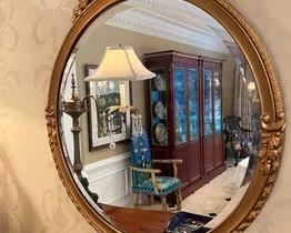 $400 USD     Ornate Carved Round Mirror MK144-26     Description: Outstanding quality carved walnut round wall mirror with an outstanding beautiful quality carved frame. The exceptional quality of the craftsmanship and design are evident throughout this special piece.
Condition: Very good 
Dimensions: 26 x 31"H  The diameter of the mirror is 23".
Local pick up McLean VA.  Contact us for shipper suggestions.      https://goodbyhello.com/products/ornate-carved-round-mirror-sk144-26?_pos=8&_sid=dcf795ae1&_ss=r