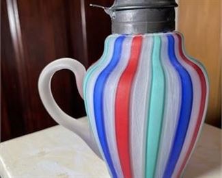 Rare Antique Opaque Tri Striped Outlined Syrup Pitcher