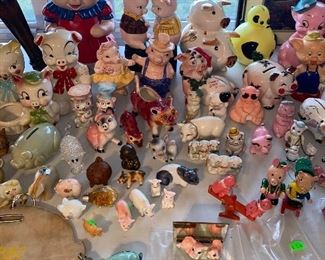 Pig collection, bobble head, piggy banks, banks, figurines, salt and pepper shakers, bags, miniature and more 