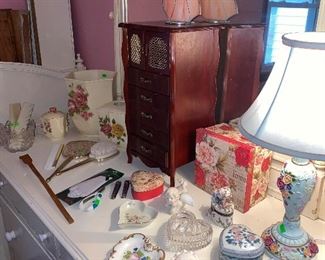 Jewelry box, garbage can, trinket boxes , lamps. 