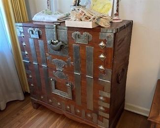 Antique Korean quilt storage chest with pewter fittings 