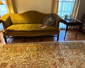Antique camelback sofa in a rich, 1950s crushed velvet upholstery.