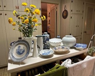 Transferware, antique ironstone, blue & white miscellaneous items and milk glass 