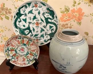 Antique Chinese and Japanese hard paste plates and jar