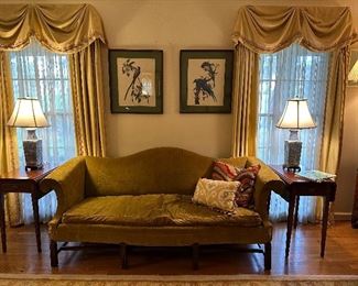 Vintage Camelback sofa & pair of matching drop leaf mahogany tables