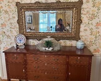 Stunning mahogany sideboard and XL ornate antique gilt wood framed mirror from late 1700s