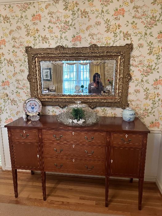 Stunning mahogany sideboard and XL ornate antique gilt wood framed mirror from late 1700s