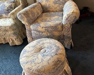 Blue and white toile chair and ottoman great for a guest room!