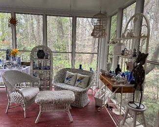 Tons of vintage & mid century wicker along with Blue & White decor
