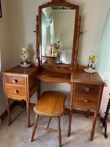 Vintage Vanity with Mirror and Matching Stool 
