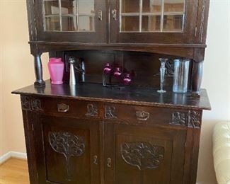 Beautiful 300-year-old Swedish 2pc carved oak sideboard with glass-front cabinets.
