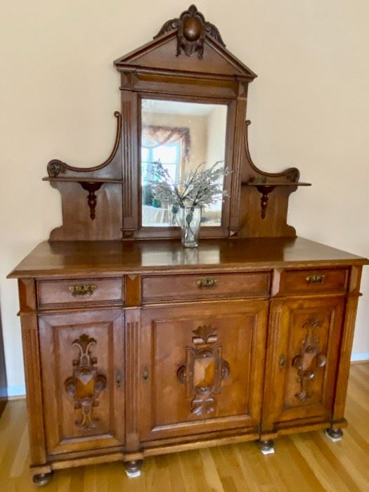 Stunning 200-year-old carved Scandinavian mirrored sideboard. 