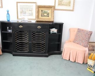 Ebonized server & pair slipper chairs